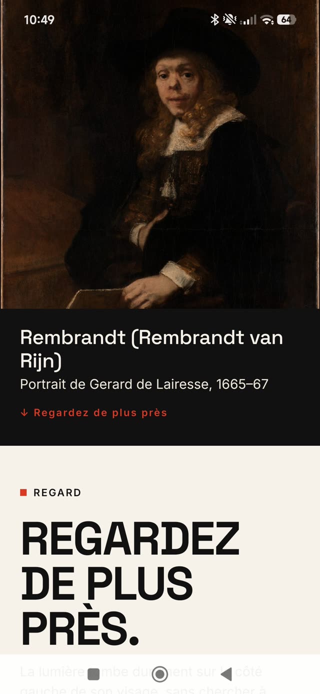 Capture d'écran de Tiny Detail montrant le Portrait de Gerard de Lairesse par Rembrandt, avec la section « Regardez de plus près ».